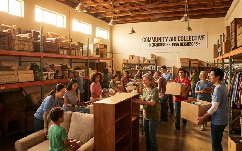 Benevoles d association triant des meubles donnes dans un entrepot solidaire