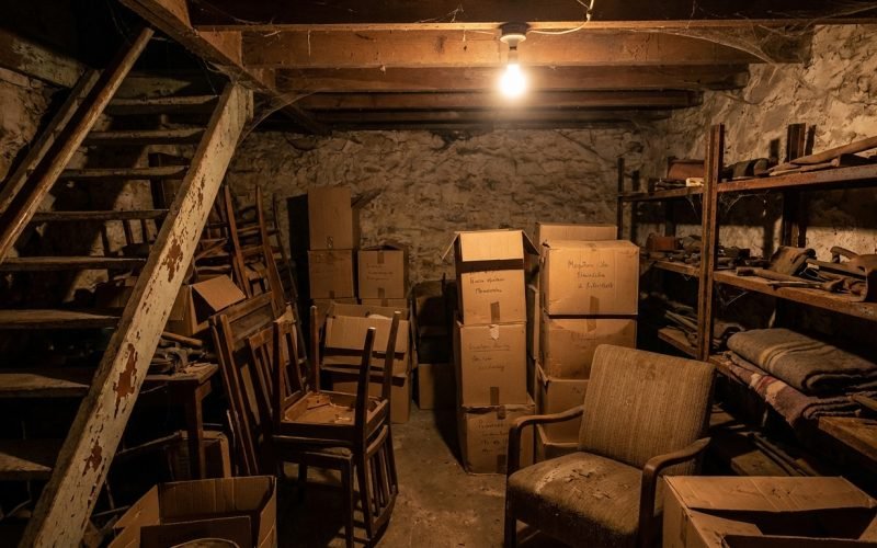 Cave encombree de cartons et vieux meubles a debarrasser a Lyon