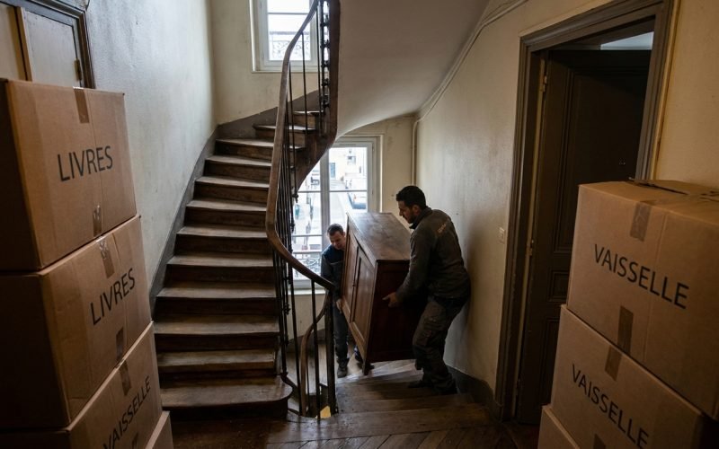 Demenageurs vidant un appartement en portant des meubles dans un escalier