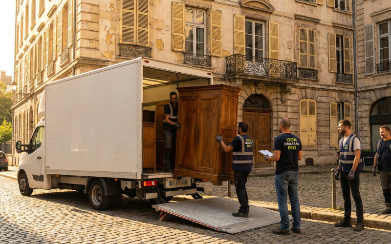 Equipe de debarras chargeant du mobilier ancien dans un camion devant une maison a Lyon