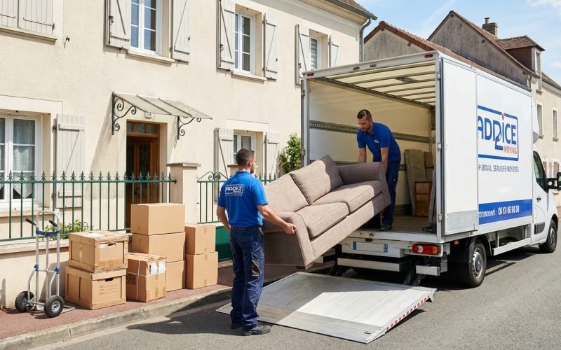 Equipe professionnelle de debarras chargeant des meubles dans un camion