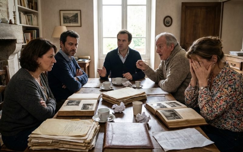 Famille discutant autour de documents de succession et albums photo