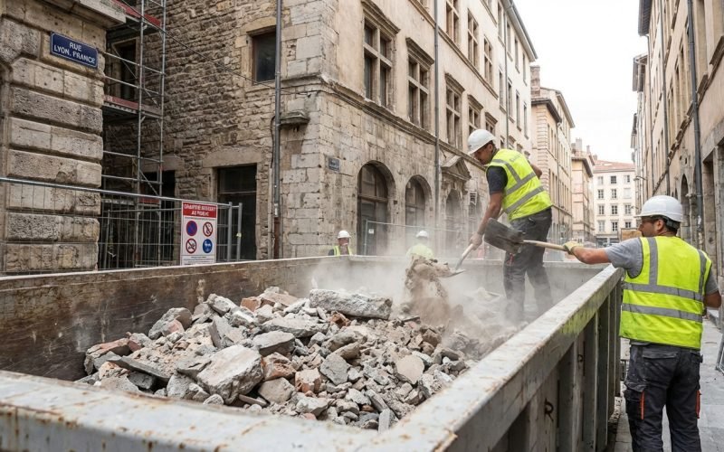 gravats et débris de chantier prêts à être évacués lors d'un débarras à Lyon