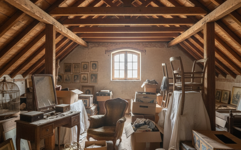 Grenier encombré rempli de meubles anciens et de cartons dans un immeuble lyonnais
