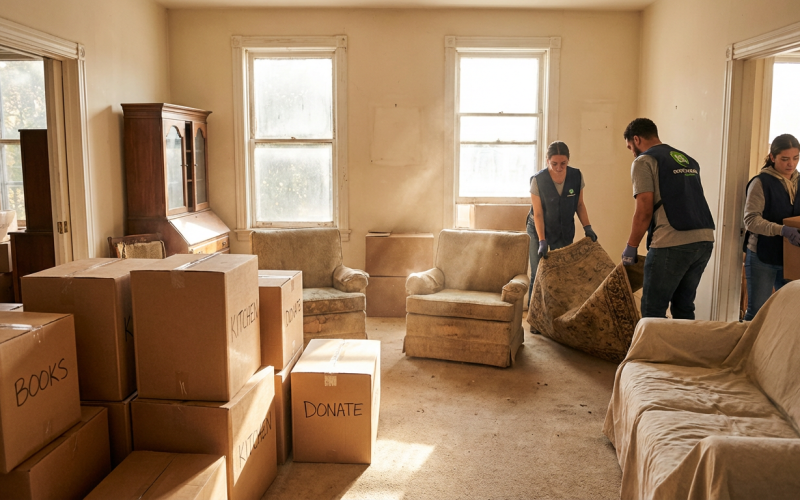 Interieur de maison en cours de debarras avec cartons et meubles a evacuer