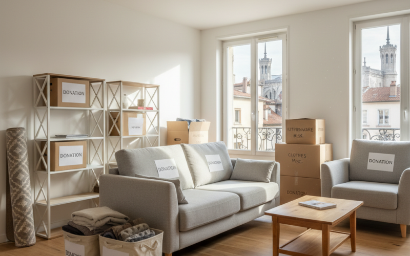 Meubles soigneusement disposés dans un salon pour être donnés avant un déménagement