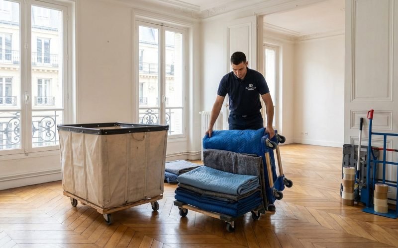Professionnel du debarras dans un appartement vide avec equipement de travail