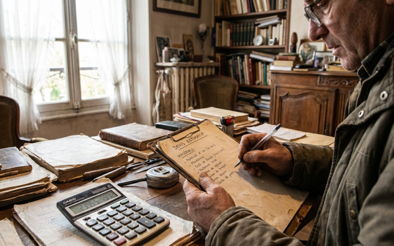Professionnel realisant un devis de debarras de maison avec calculatrice et metre