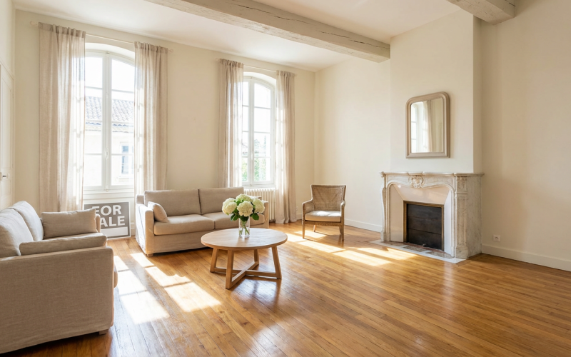 Salon vide et lumineux pret pour la vente immobiliere apres debarras complet